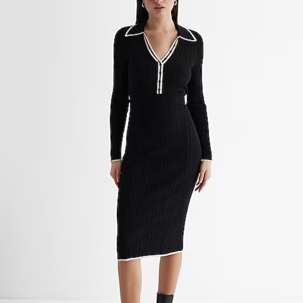 Express Ribbed Tipped V-Neck Midi Sweater Polo Dress